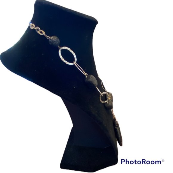 BARSE 925 Hammered Sterling Silver Black Volcanic Rock and Beads Necklace - Picture 2 of 4